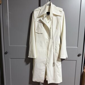 Balizza Women Full Zip Up Midi Trench Coat White X-Small Pockets Tie Waist *Flaw